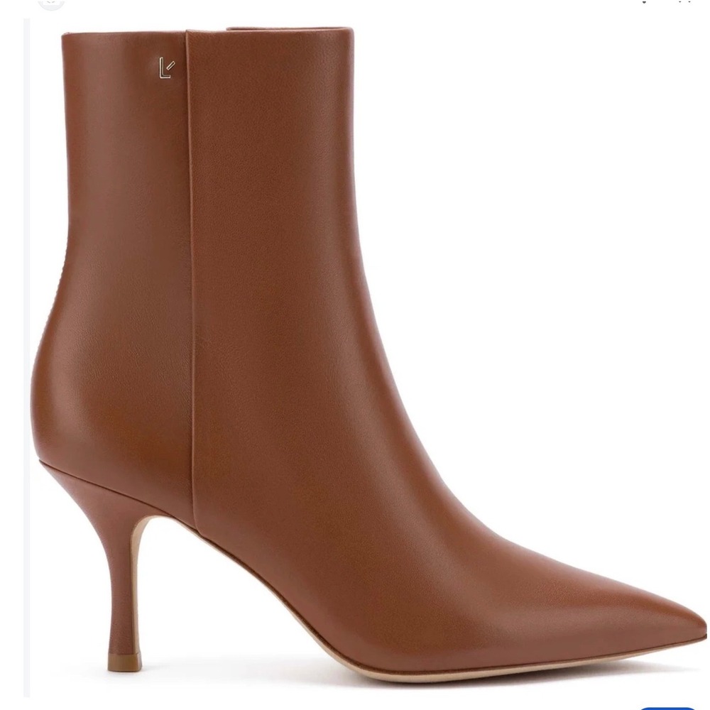 Larroude Mini Kate Pointed Toe High Heel Booties Caramel Kid Skin Leather Size 9
